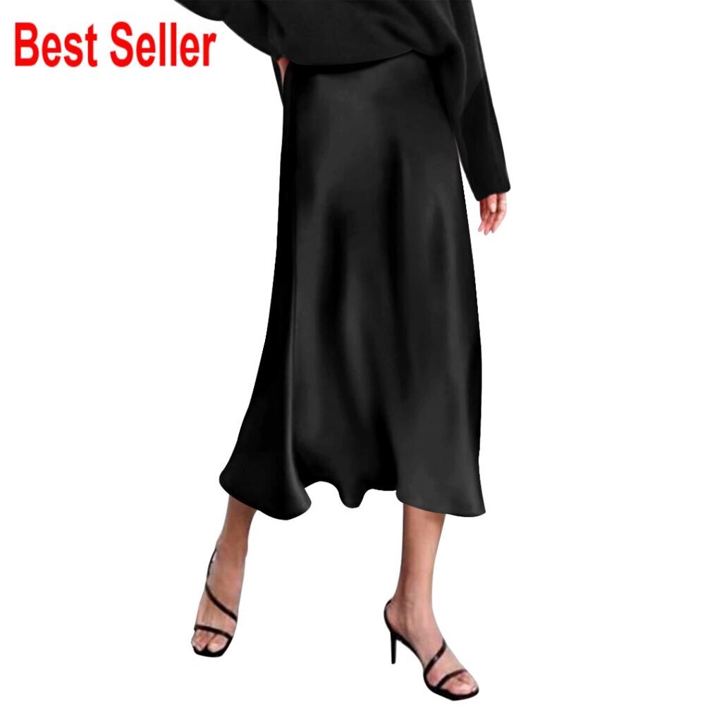 High Waist Satin Midi Skirt, Polyester Spandex Blend, Elegant Party Wear